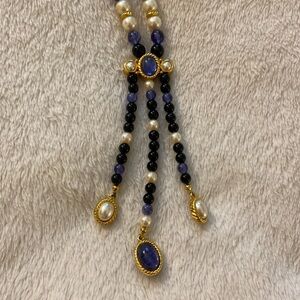 Simulated white pearl with dark/light blue beads on gold tone necklace